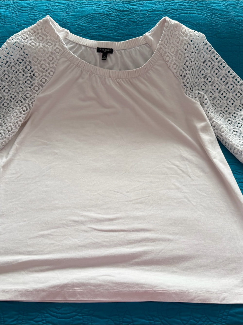 Talbots White Crochet Raglan Sleeve Tee